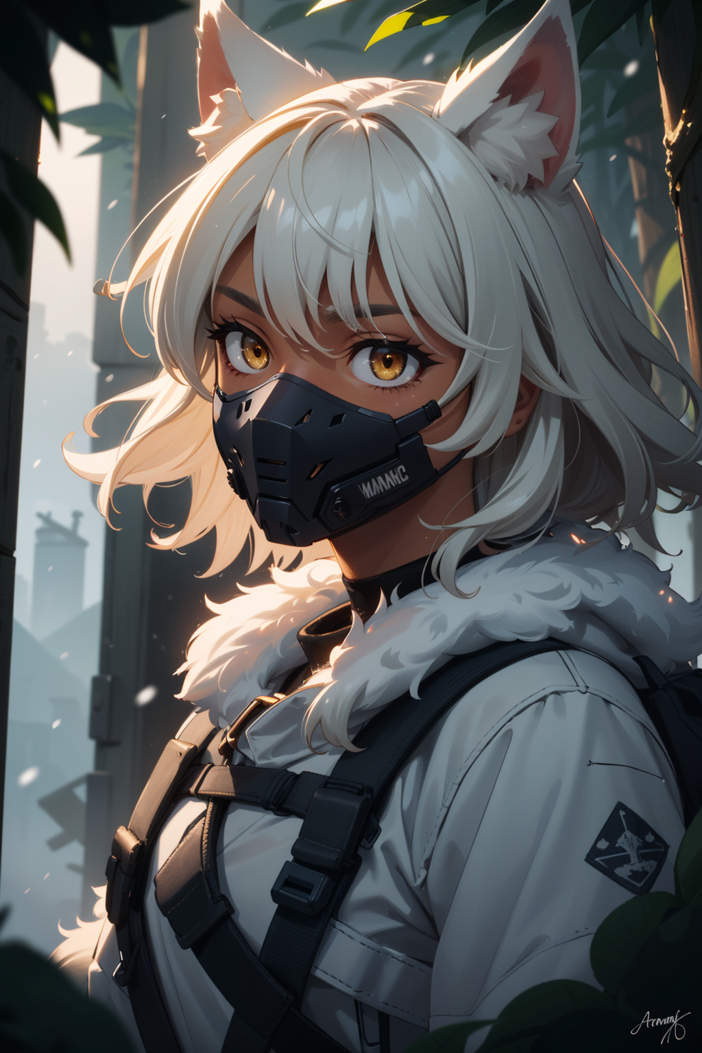 photo of cute army girl, detailed face+eyes, tactical clothing, (white fox girl,animal ear fluff, (fluffy hair), medium ha...